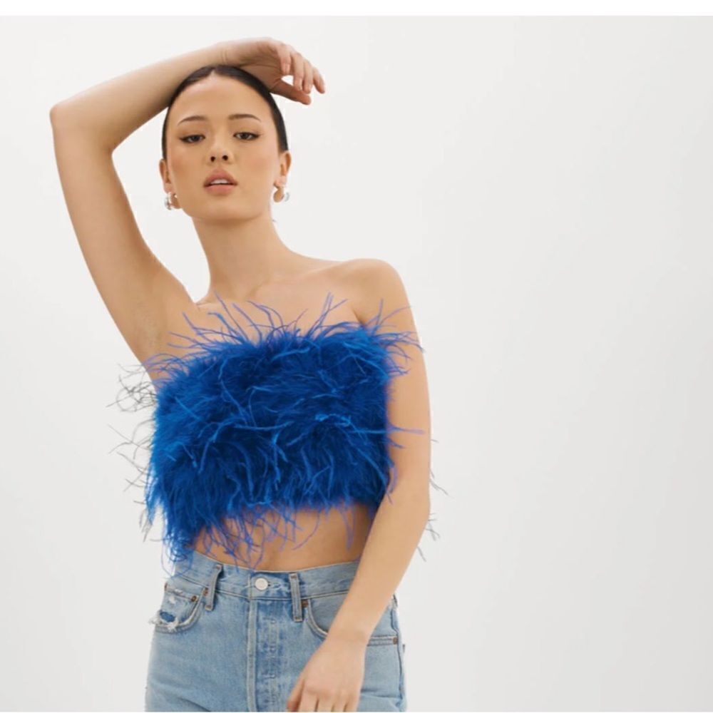 NWT LaMarque Zaina Top maribou feather bandeau bustier cobalt blue Revolve XS